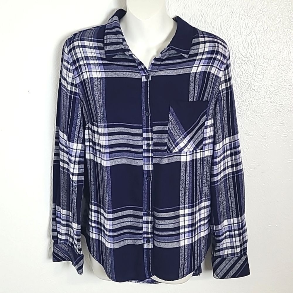 Como Vintage Navy Blue & White Plaid Buttondown Shirt, Size Medium - Picture 2 of 9
